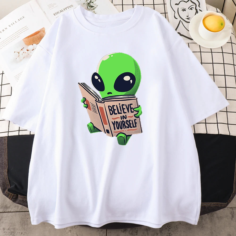 Green Alien Prints Believe In You Cotton T-Shirts Oversize Casual All-match Tee Tops Creativity Short Sleeve