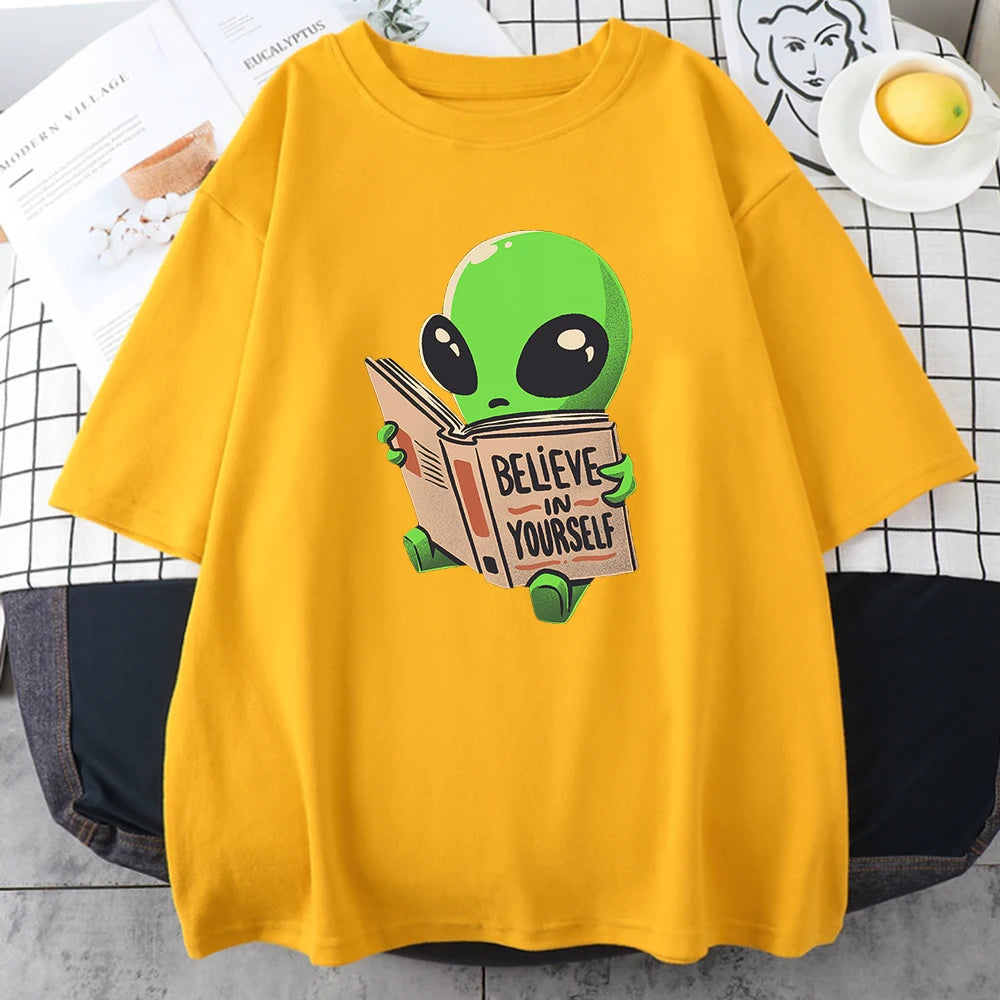 Green Alien Prints Believe In You Cotton T-Shirts Oversize Casual All-match Tee Tops Creativity Short Sleeve