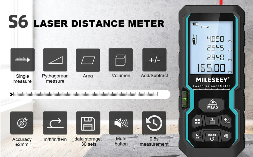 MILESEEY S6 Laser Tape Measure 40M 60M 80M 100M Laser Rangefinder IP54 Electronic Ruler Useful Measurement Tool