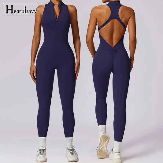 V Back One-piece Suit Women Sports Jumpsuit  Zippers Yoga Rompers Backless Sportswear Women Sleeveles Workout Bodysuits Female